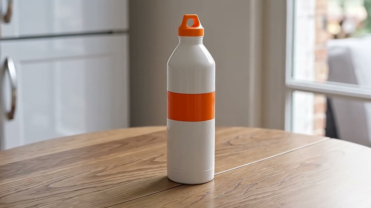 A white bottle with an orange cap and an orange stripe stands on a wooden table in a bright kitchen, with white cabinets on the left and a window on the right.