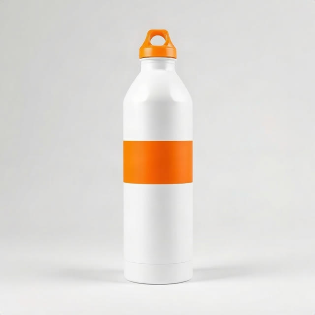 The product image: a white bottle with an orange cap and an orange band, on a plain light background.